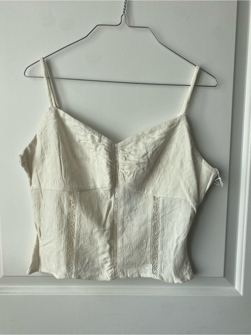 Cream Lace-Panel Spaghetti Strap Crop Top